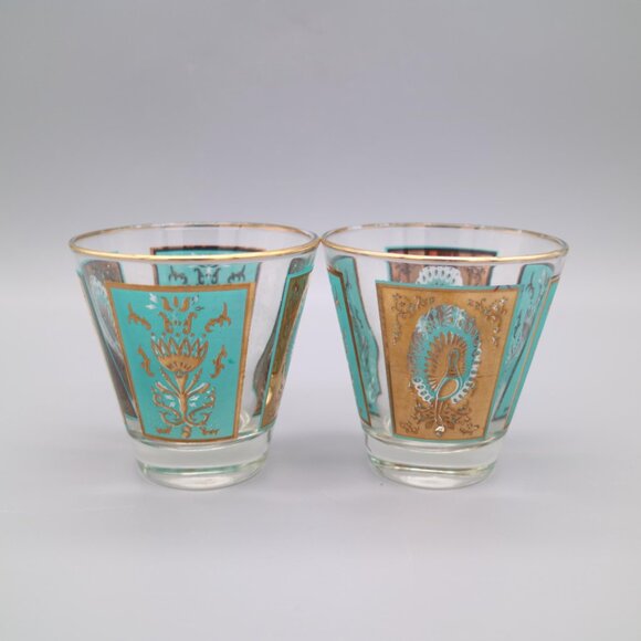Vintage Dominion Glass Canada | Gold and Aqua Peacock Glasses (Set of 8) - Picture 6 of 9